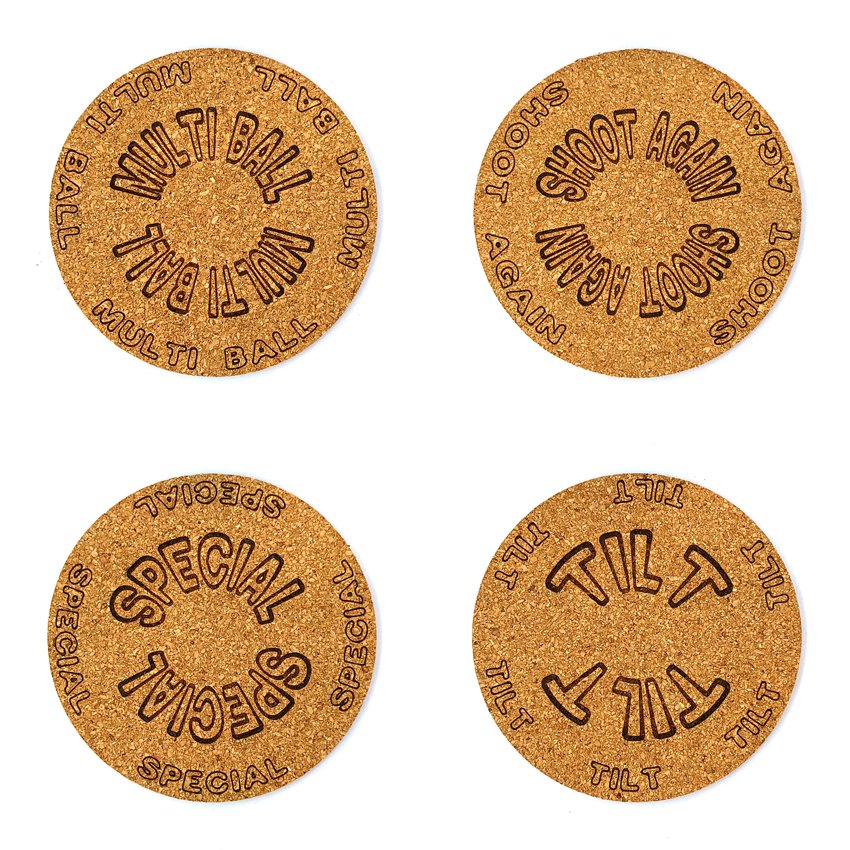 Sous-verre flipper pinball avec slogans sélection Arqué, sous-bock décoratif inspiré des pinball machines, mentions mythiques Extra Ball, Game Over, Jackpot, Multiball, Tilt, idée cadeau flipper