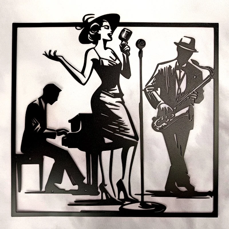 Applique Murale en Métal, Thème Jukebox-Musique, MUSICIEN GROUPE de JAZZ - Trio, Chanteuse micro (30x30)