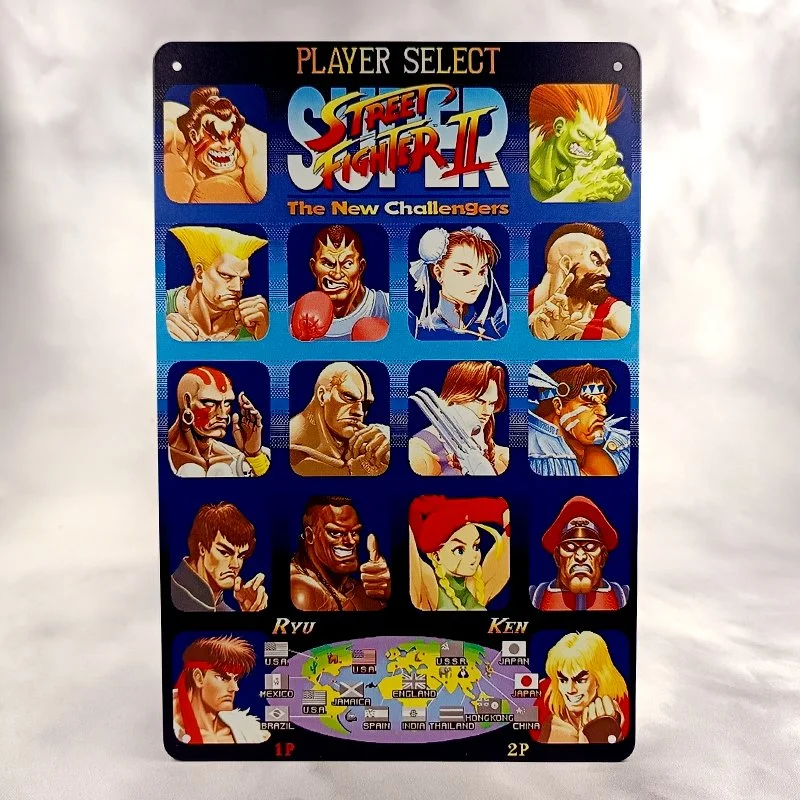 Plaque Métal Vintage Arcade et Gaming STREET FIGHTER II Player Select