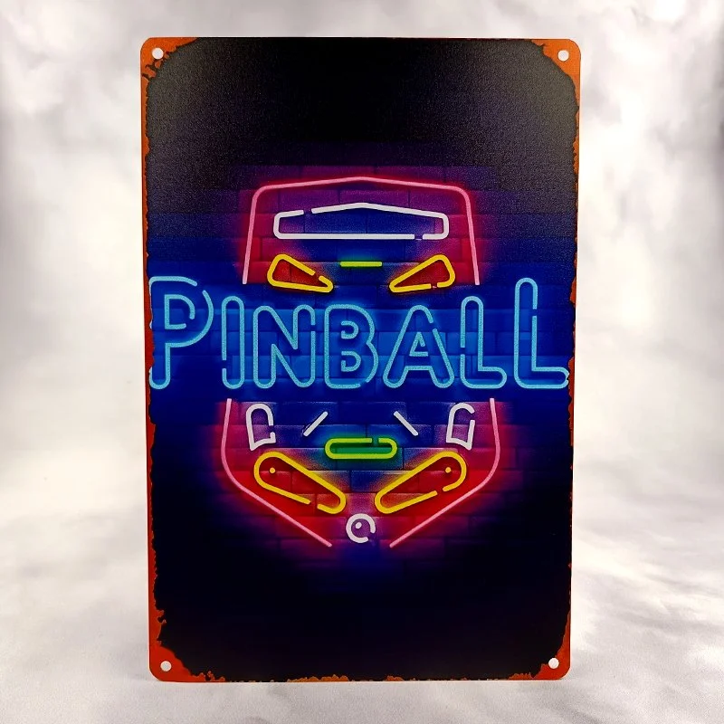 Plaque Métal Vintage Flipper PINBALL PLATEAU Effet Néon Bleu Rose