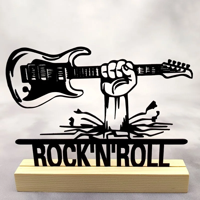 Déco métal sur socle -Jukebox & Musique- GUITARE ELECTRIQUE Poing levé «ROCK’N’ROLL»
