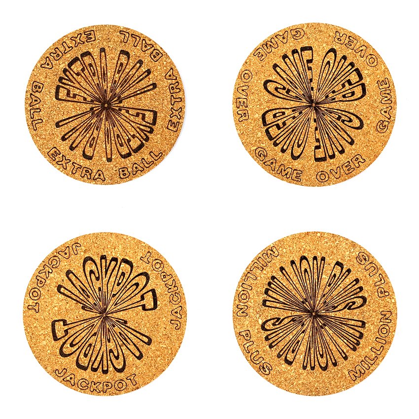 Sous-verre liège flipper slogan rond sélection, sous-bock décoratif inspiré des pinball machines avec slogans iconiques Extra Ball, Game Over, Jackpot, Multiball, Tilt, décoration rétro, idée cadeau