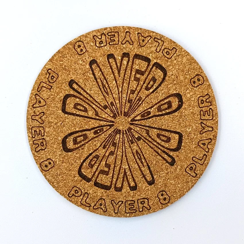PLAYER 8 Sous-verre liège flipper pinball slogan rond Player, sous-bock décoratif avec inscriptions Player 1 à 8, inspiré des pinball machines, décoration flipper rétro vintage, idée cadeau