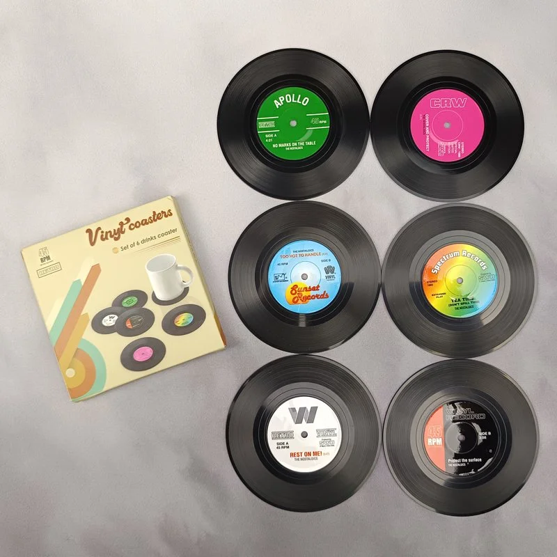 Set de 6 sous-verres décoratifs ronds en plastique Ø 95 mm – Jukebox musique – VINYLE COASTERS