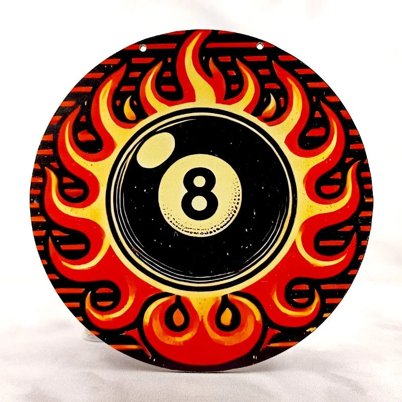 Plaque - BOIS - Vintage Billard BILLE N°8 FLAMMES