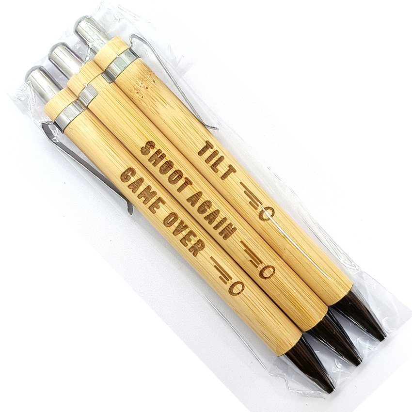 Set de 3 Stylos à Bille en Bambou, Thème FLIPPER (Akhir-T) 'SÉLECTION': GAME OVER - SHOOT AGAIN - TILT