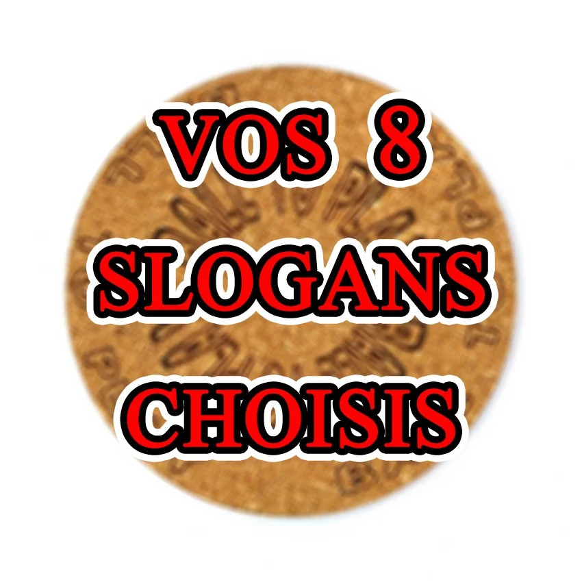 Set de 8 sous-verres décoratifs en liège ronds – Ø 90 mm – Motif Flipper SLOGAN ARQUÉ 'AU CHOIX'