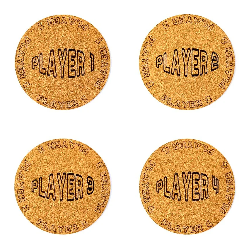 Set de 8 sous-verres décoratifs en liège ronds – Ø 90 mm – Motif Flipper SLOGAN OVALE 'PLAYER'