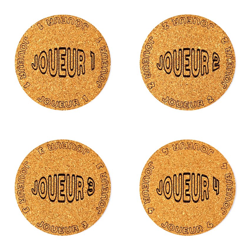 Set de 8 sous-verres décoratifs en liège ronds – Ø 90 mm – Motif Flipper SLOGAN OVALE 'JOUEUR'