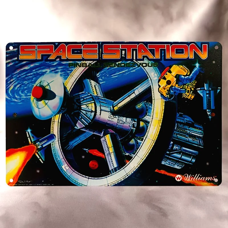 Plaque Métal Vintage Flipper SPACE STATION Pinball Backglass Williams