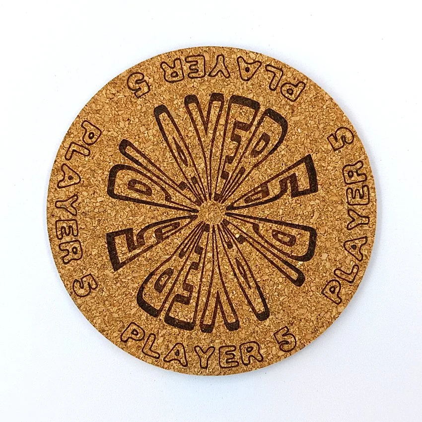 PLAYER 5 Sous-verre liège flipper pinball slogan rond Player, sous-bock décoratif avec inscriptions Player 1 à 8, inspiré des pinball machines, décoration flipper rétro vintage, idée cadeau