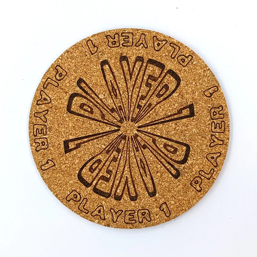 PLAYER 1 Sous-verre liège flipper pinball slogan rond Player, sous-bock décoratif avec inscriptions Player 1 à 8, inspiré des pinball machines, décoration flipper rétro vintage, idée cadeau