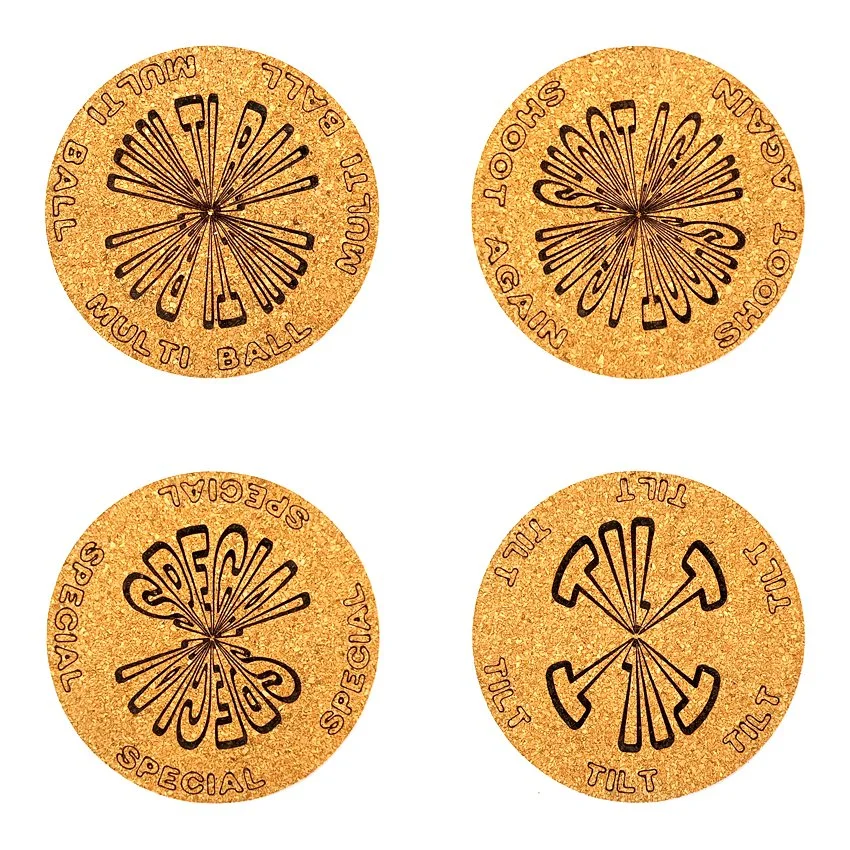 Sous-verre liège flipper slogan rond sélection, sous-bock décoratif inspiré des pinball machines avec slogans iconiques Extra Ball, Game Over, Jackpot, Multiball, Tilt, décoration rétro, idée cadeau