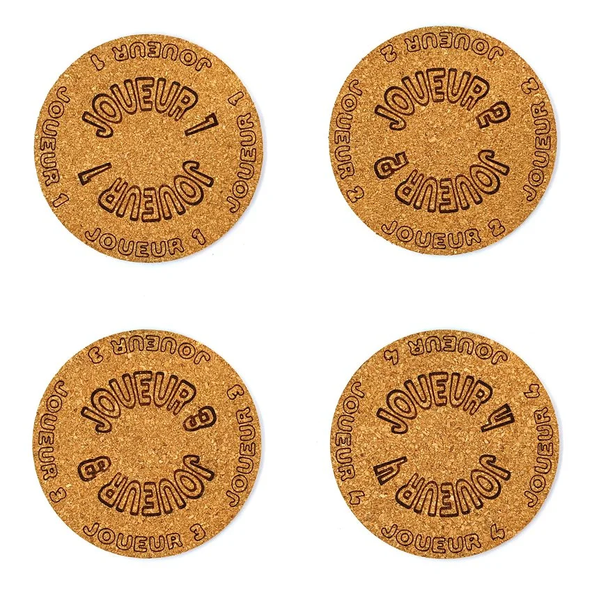Set de 8 sous-verres décoratifs en liège ronds – Ø 90 mm – Motif Flipper SLOGAN ARQUÉ 'JOUEUR'