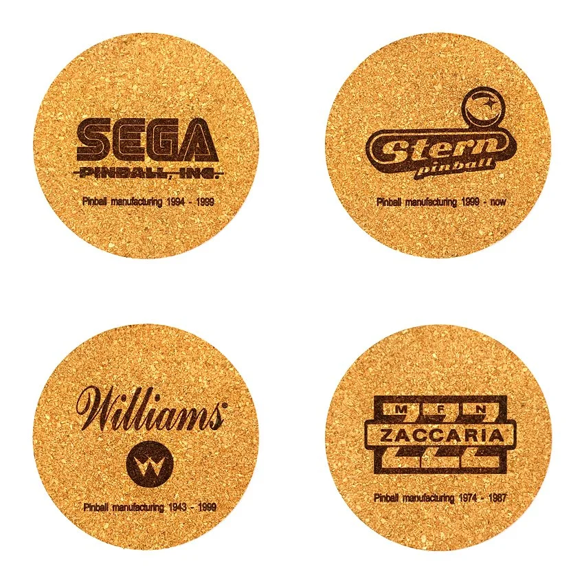 Sous-verre en liège Pinball Manufacturing MJLC, sous-bock décoratif flipper, décoration pinball rétro vintage inspirée des pinball machines, idée cadeau originale pour passionné de flipper et d’arcade