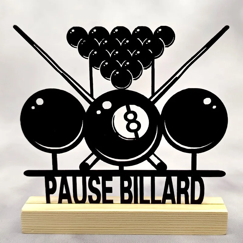 Déco métal sur socle -Billard- BILLE N°8 Jeu de bille et Queue «PAUSE BILLARD»