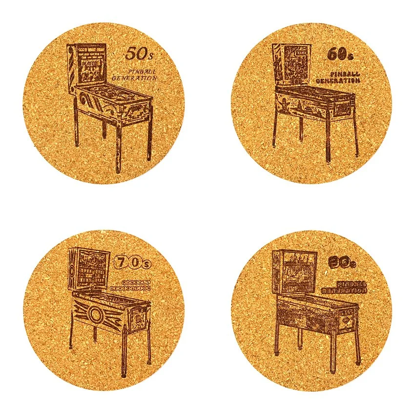 Set de 8 sous-verres décoratifs en liège ronds – Ø 90 mm – Motif Flipper PINBALL GENERATION