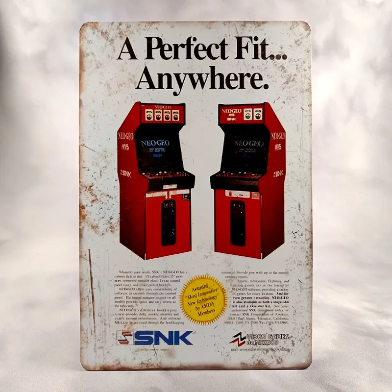 Plaque Métal Vintage Arcade VIDEO SNK (2 Bornes Rouges fond Blanc)