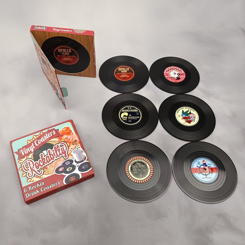 Set de 6 sous-verres décoratifs ronds en plastique Ø 105 mm – Jukebox musique – VINYLE ROCKABILLY