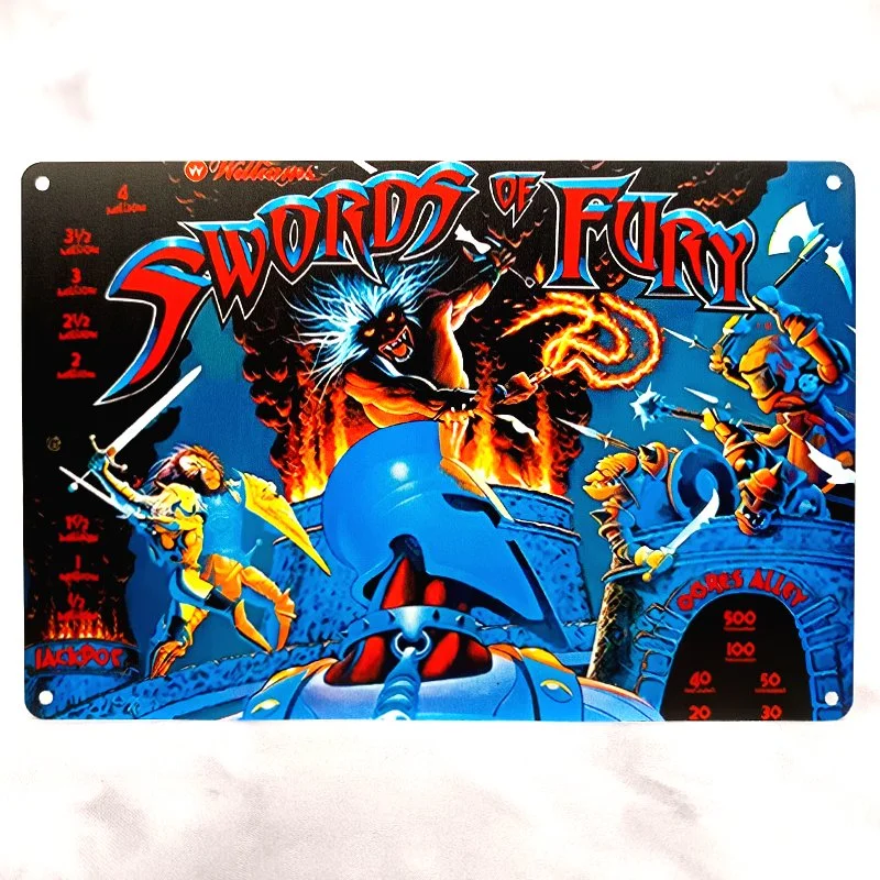 Plaque Métal Vintage Flipper SWORDS of FURY (Backglass Williams)