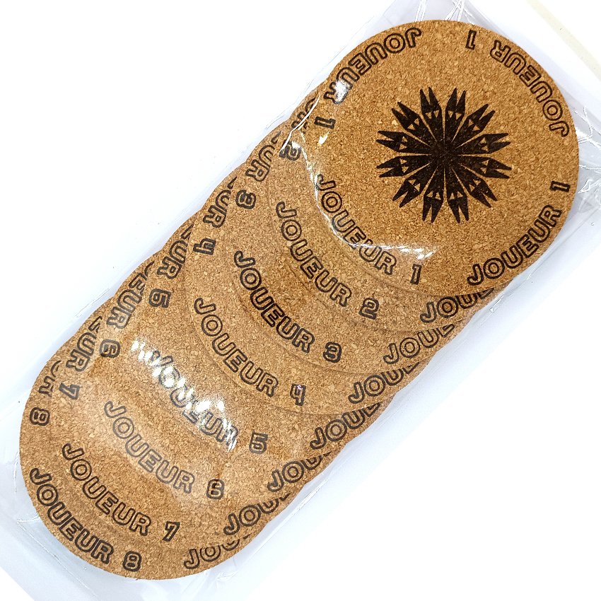 set sous-verre flipper rosace Joueur, sous-bock décoratif avec inscriptions Joueur 1 à 8, slogans emblématiques Extra Ball, Game Over, Jackpot, Multiball, Tilt, décoration flipper rétro, idée cadeau