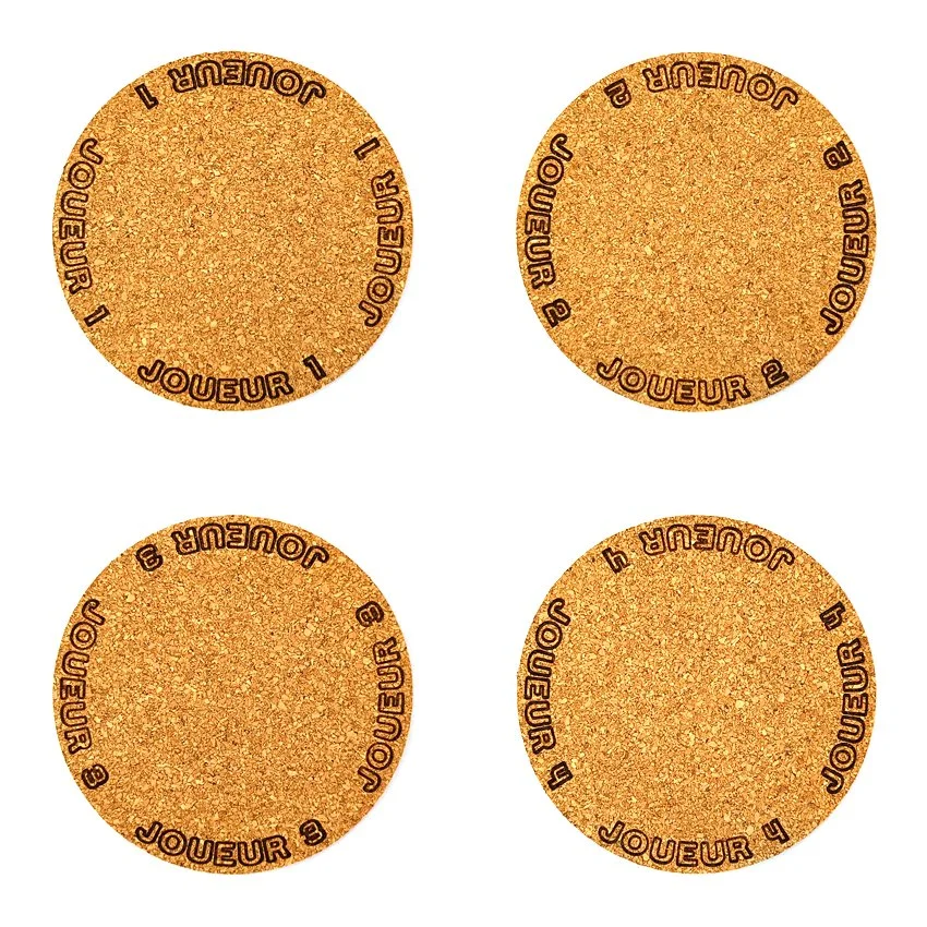 Set de 8 sous-verres décoratifs en liège ronds – Ø 90 mm – Motif Flipper SLOGAN TEXTE 'JOUEUR'