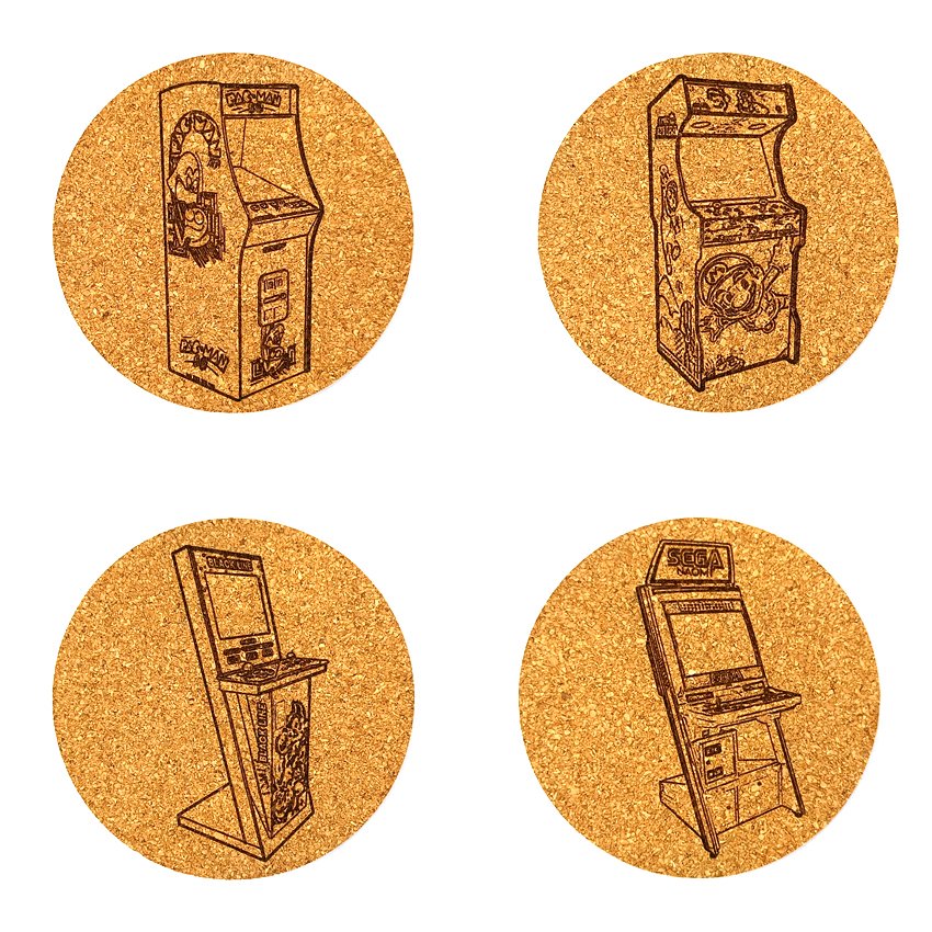 Sous-verres thème borne arcade, sous-bock décoratif inspiré des jeux vidéo rétro et du gaming arcade, Neo-Geo, Pandora’s Box, MAME, Naomi, Retropie et Batocera, décorations salle de jeux