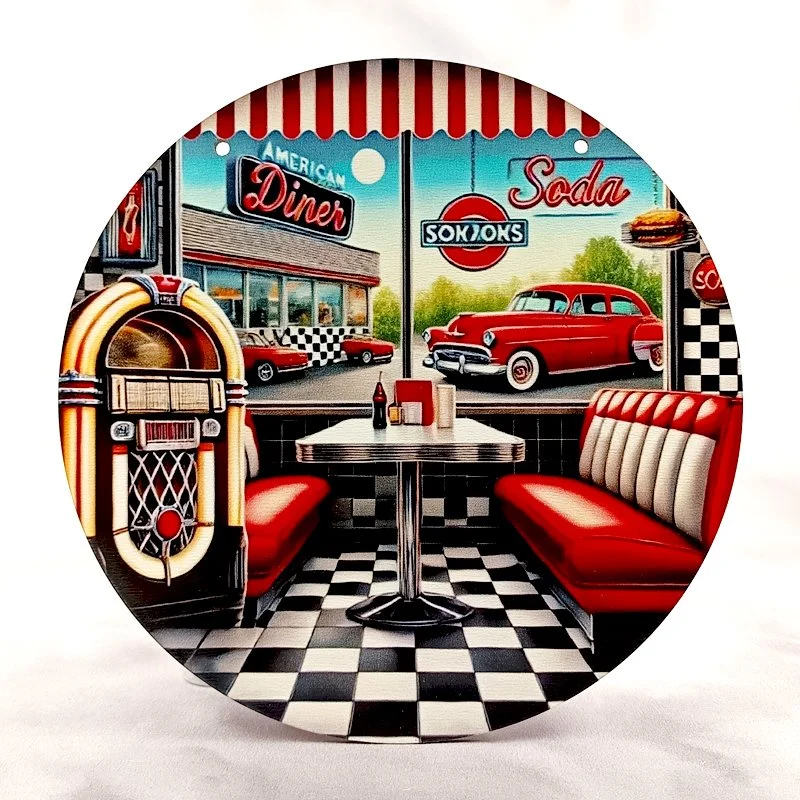 Plaque BOIS Vintage Jukebox & Musique JUKEBOX'60s DINER (American Diner, Banquettes Rouge)