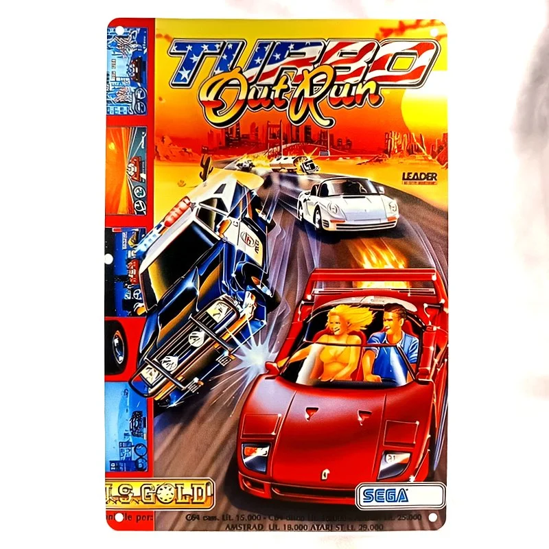 Plaque Métal Vintage Arcade OUT RUN Turbo Out Run Sega
