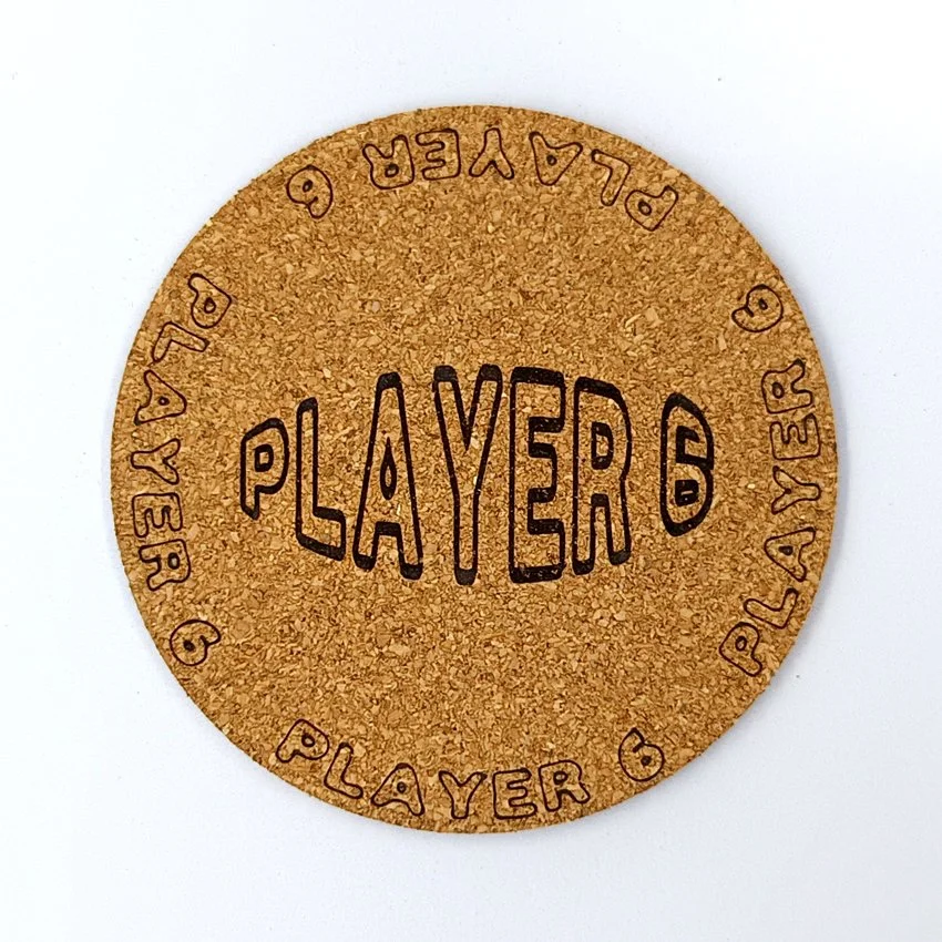 PLAYEUR 6 Sous-verre pinball slogan ovale Player, sous-bock décoratif inspiré des pinball machines avec inscriptions Player 1 à Player 8, décoration rétro vintage, cadeau originale de flipper arcade