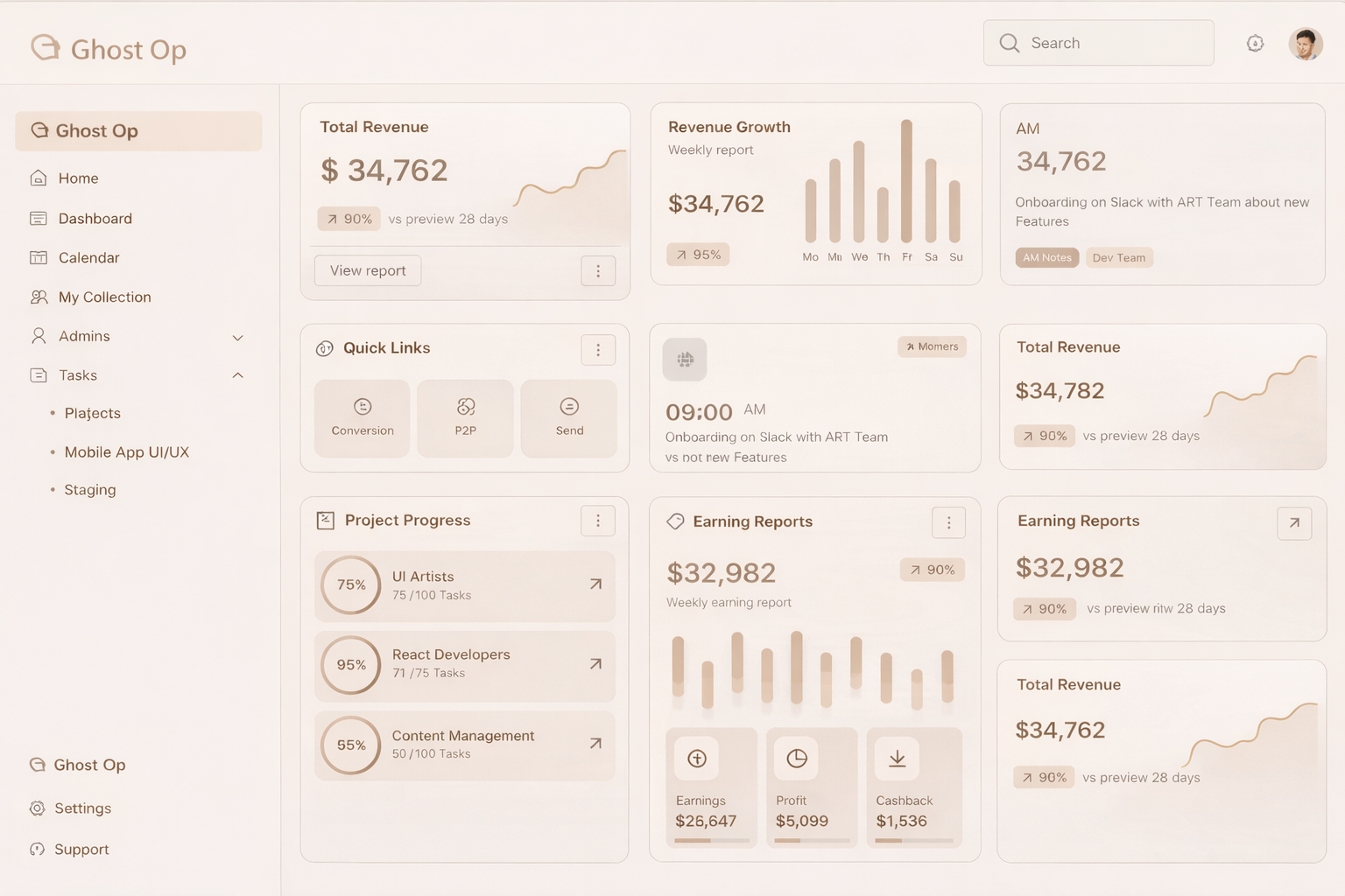 A dashboard interface for a platform called Ghost Op displaying total revenue, revenue growth, earnings reports, project progress, and other business metrics in a light beige color scheme.