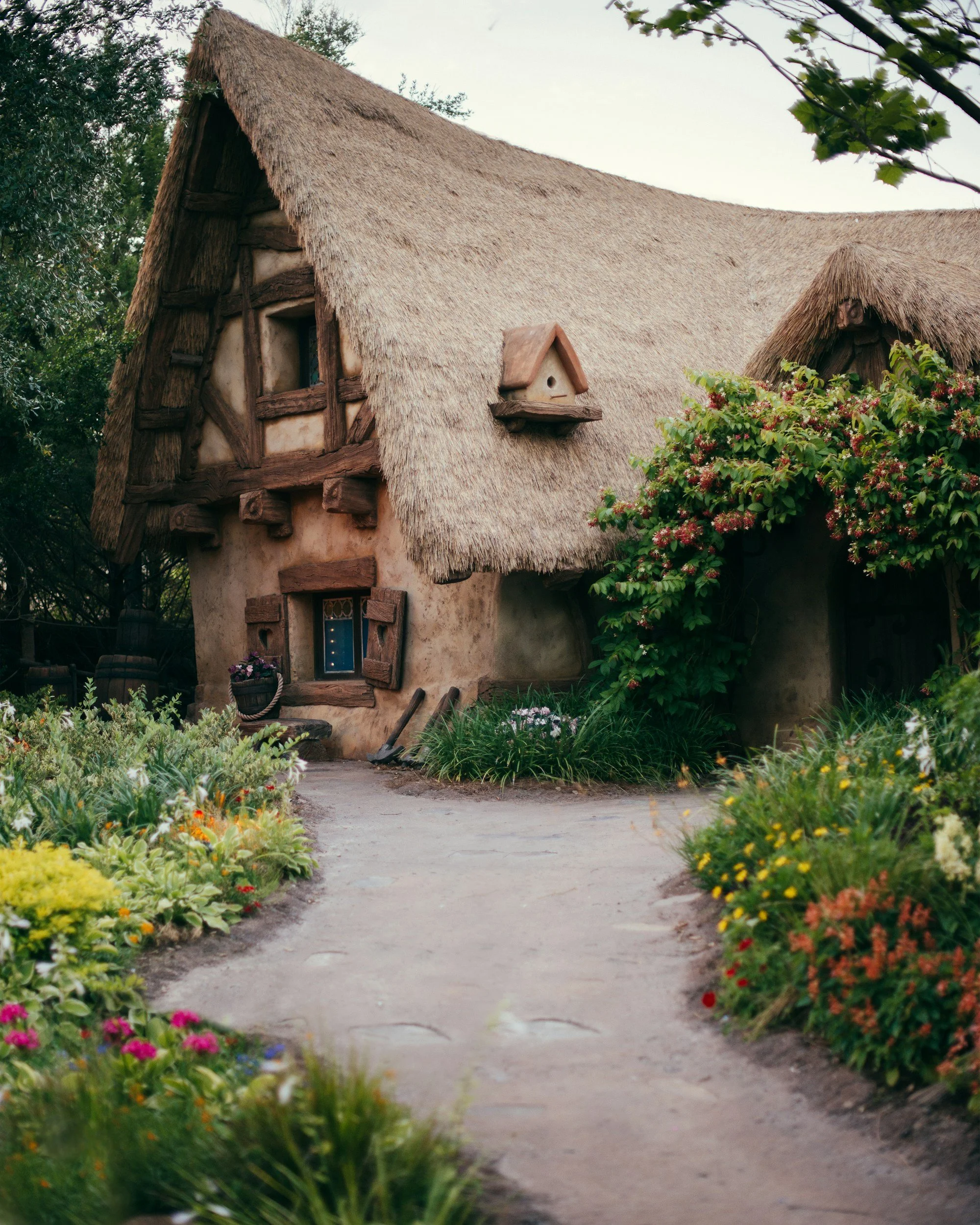 A fairy tale style cottage with a thatched roof, small windows with shutters, surrounded by colorful flowers and lush greenery.