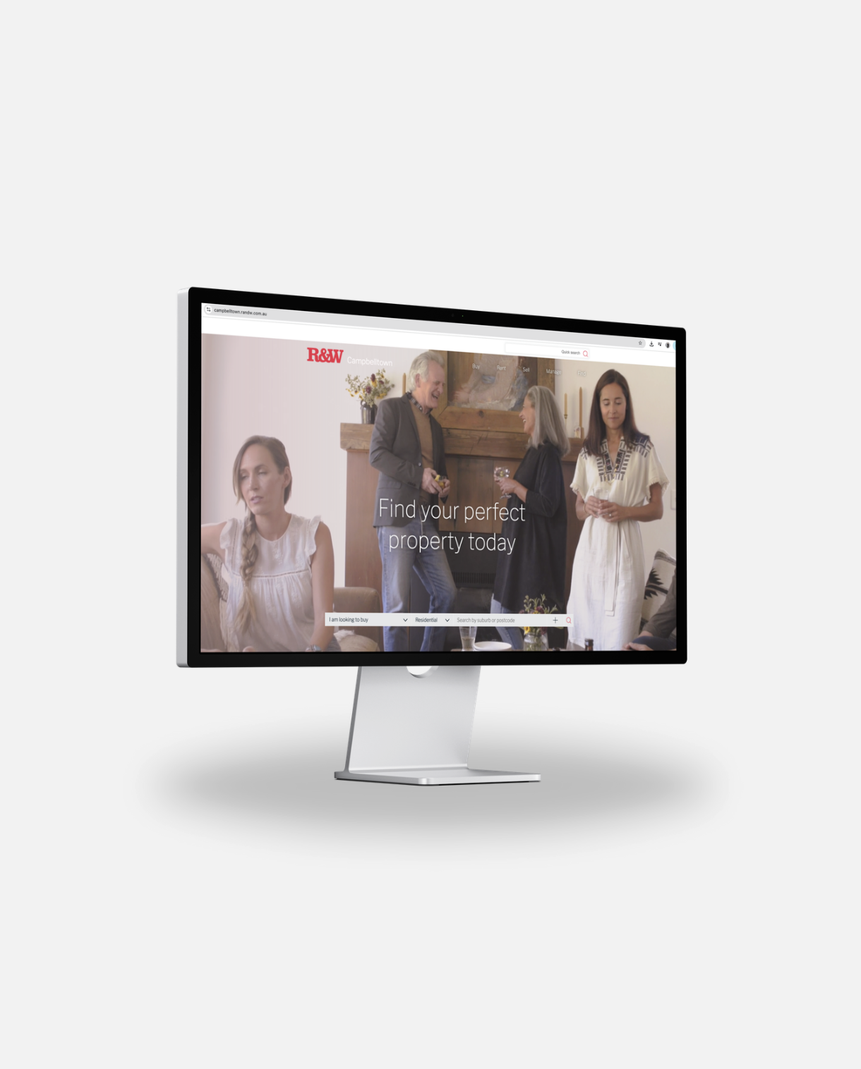 Computer monitor displaying a real estate website with people inside a house, living room, or gathering space.