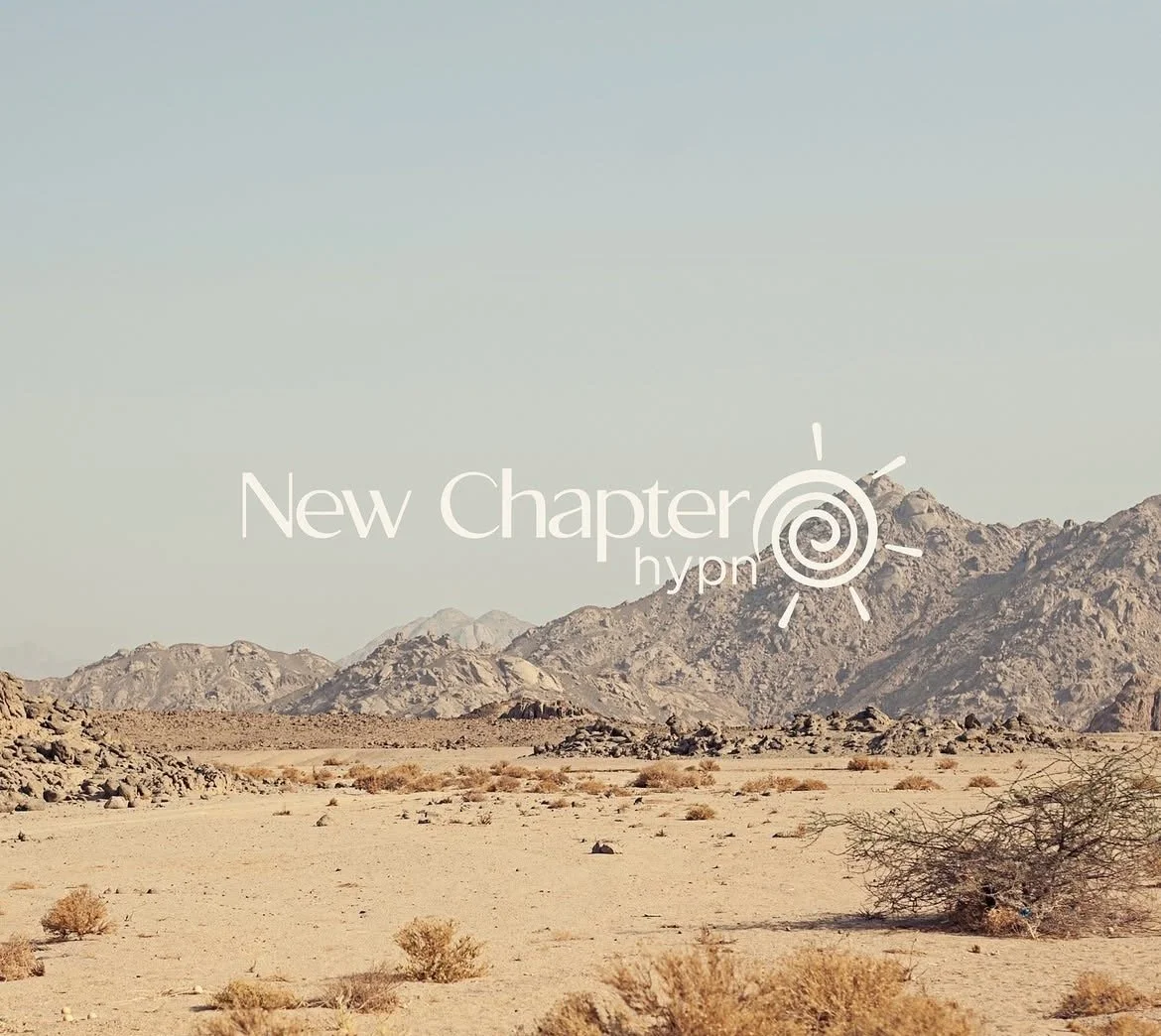 Desert landscape with rocky mountains in the background and sparse bushes in the foreground. Text overlay says 'New Chapter' with a spiral sun illustration.
