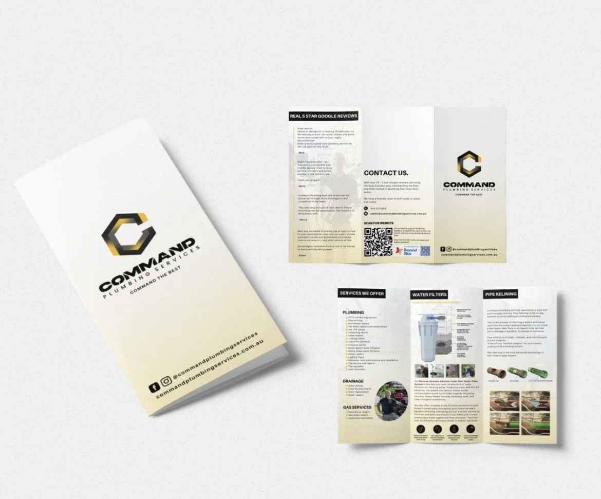 Flyer and brochure for Command Plumbing Services, showing the company's logo, contact information, and details about their plumbing services including water filters, pipe relining, and drainage.
