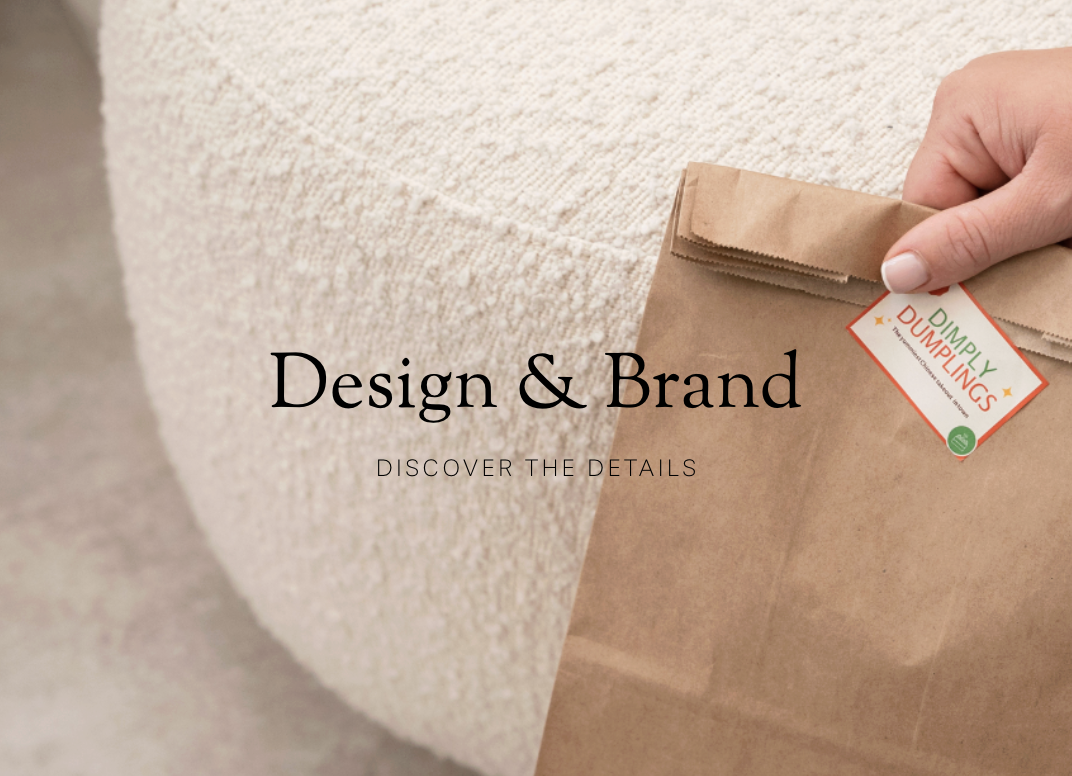 A person holding a brown paper bag labeled "Dimplily Dimplings" next to a textured beige surface, with the overlay text "Design & Brand" and "Discover the Details."