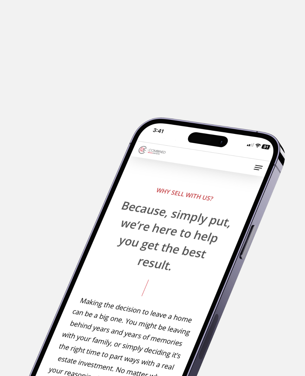 Close-up of a smartphone displaying a website with a section titled 'WHY SELL WITH US?' and the text 'Because, simply put, we're here to help you get the best result.'