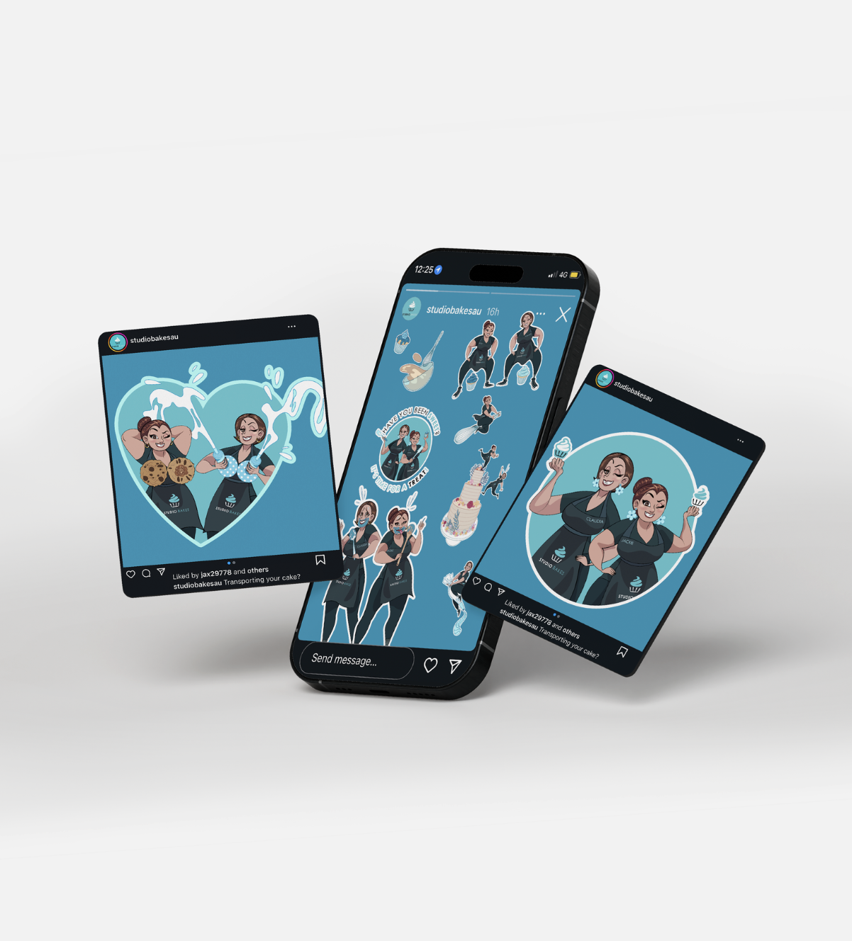 Digital illustrations of two women posing with cookies and milk, a woman happily eating cake, and various stickers including baking elements, all related to a cake or baking theme, displayed on a smartphone screen with a blue background.
