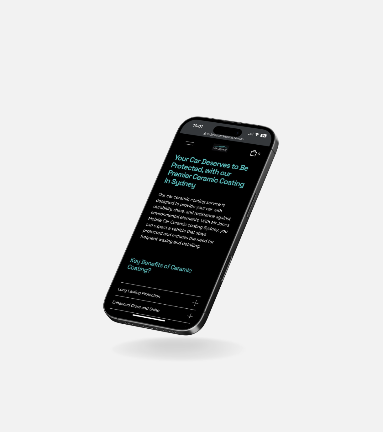 Smartphone displaying a website about car ceramic coating services in Sydney.