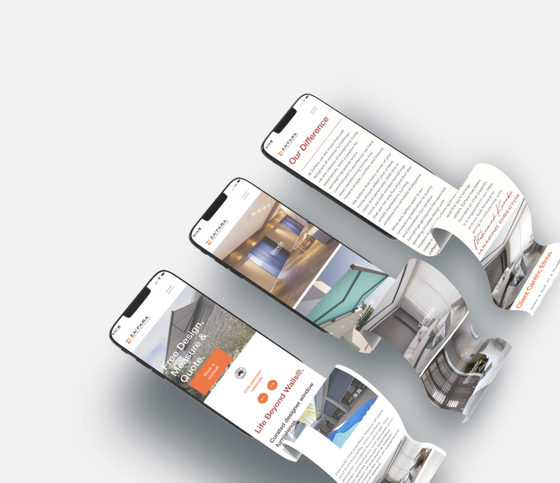 Three smartphones displaying a website with images of interior design, architecture, and text content about design services and company information.