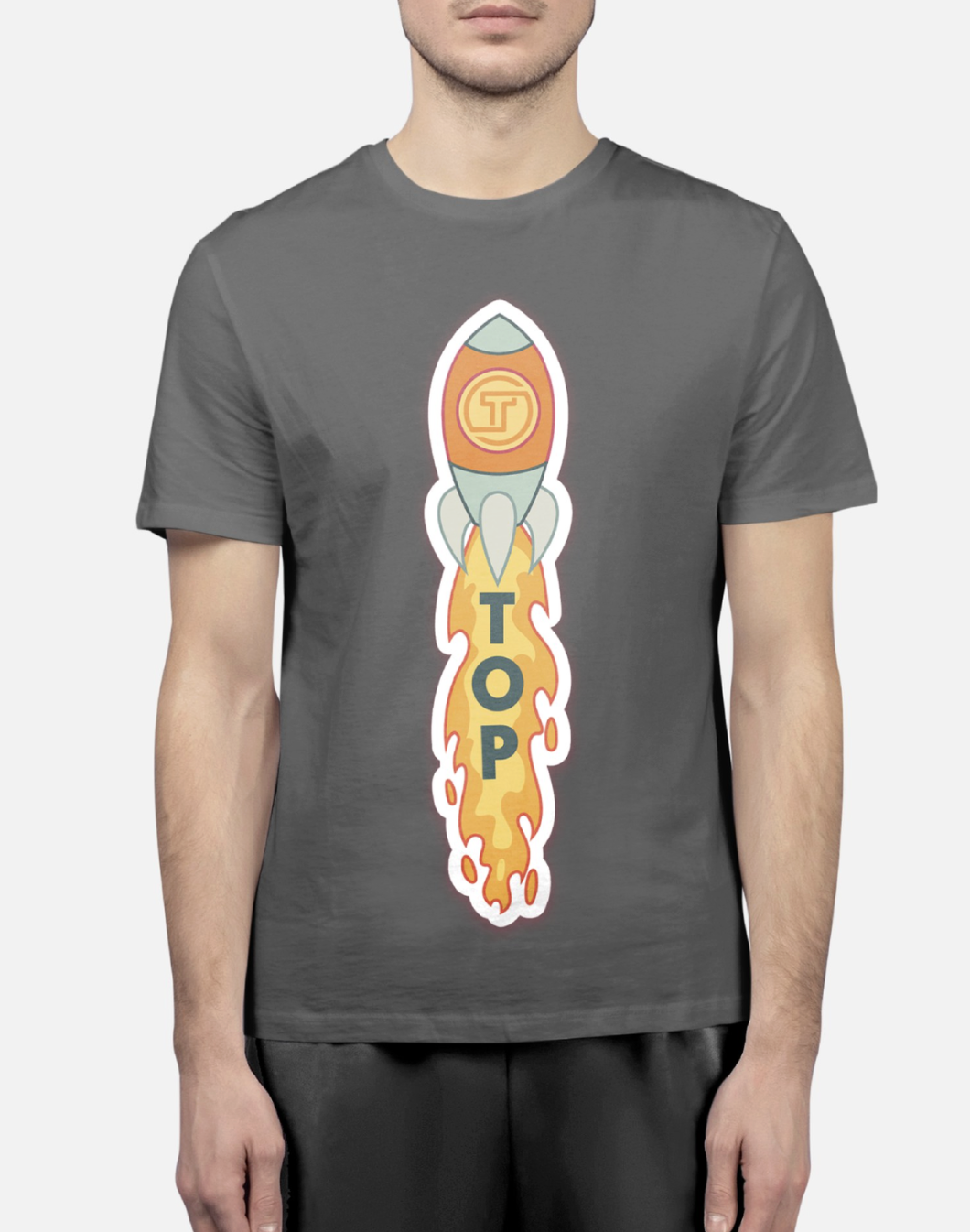 Gray t-shirt with a graphic of a rocket taking off, with the word 'TOP' on the rocket's flames.