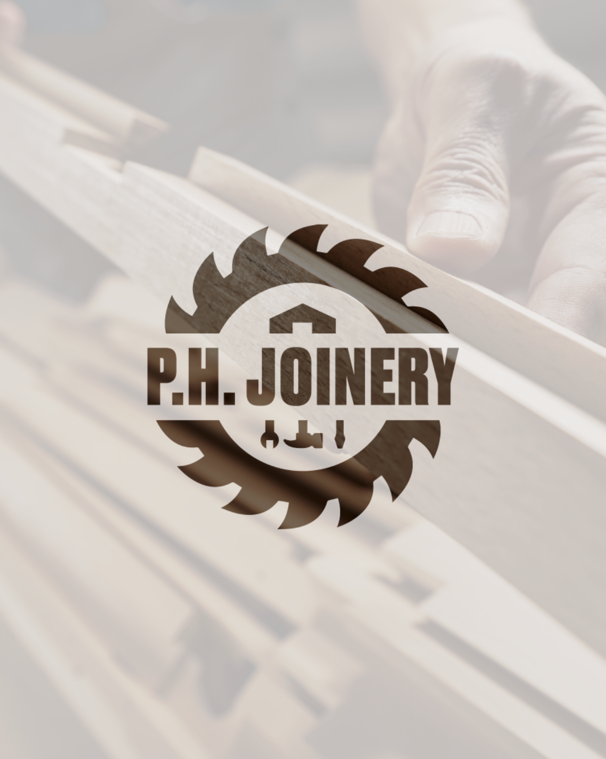 Woodworking saw blade logo overlay on a photo of a hand working with wood