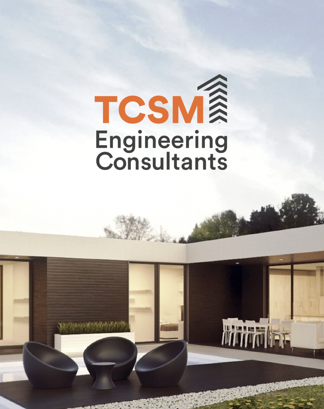 Logo of TCSM Engineering Consultants with an outdoor patio area featuring modern black chairs and a building with large windows and outdoor dining furniture.