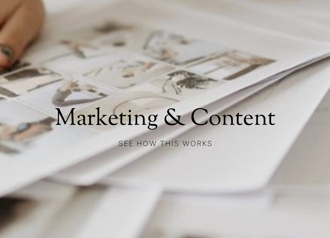 Open magazine with a woman sitting at a table, with text overlay for 'Marketing & Content' and 'See how this works'.