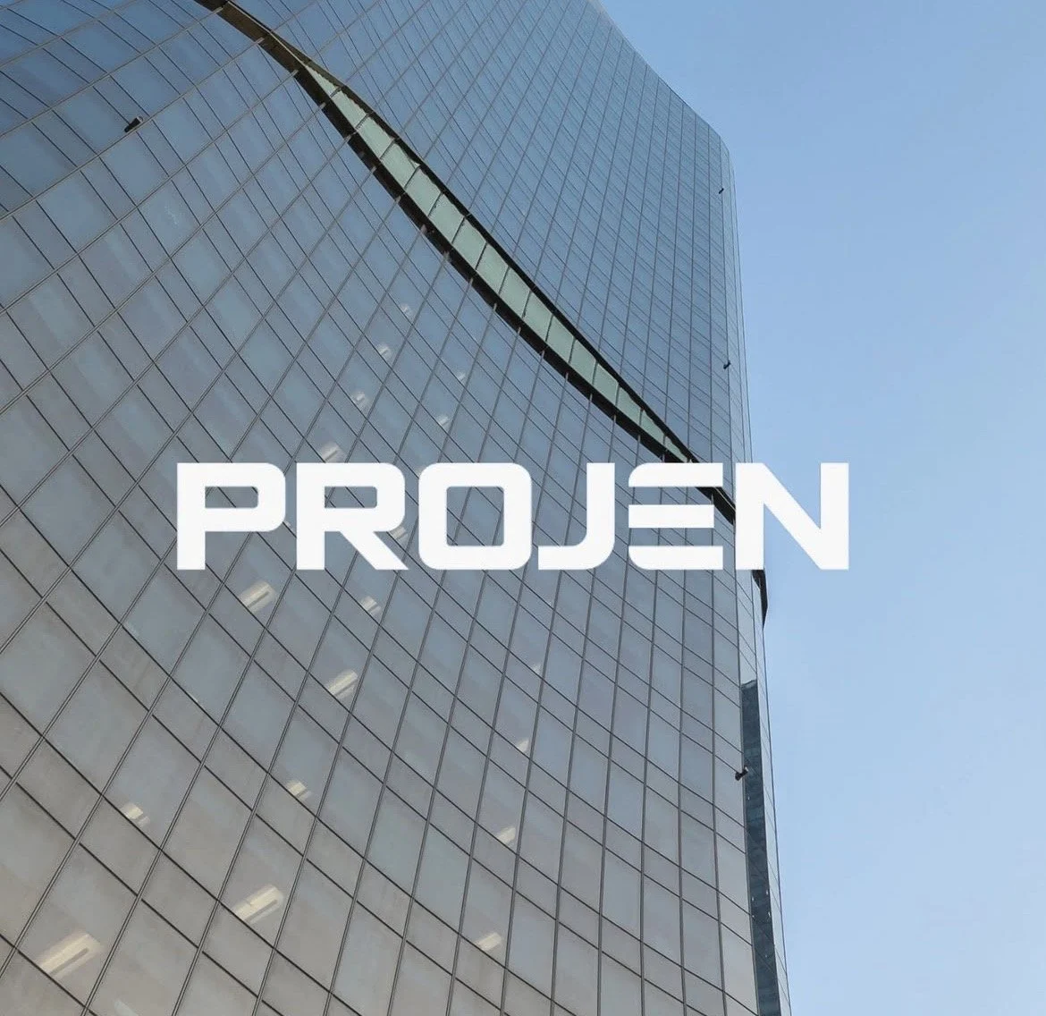 A tall glass skyscraper with reflective windows against a clear blue sky, with the word 'PROJEN' written across the image.