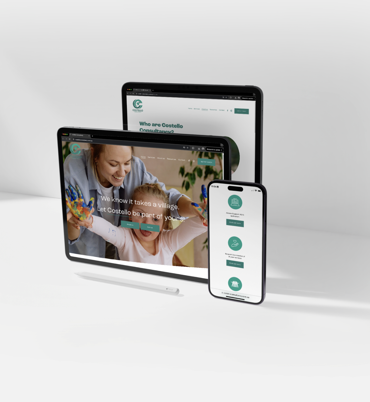 A computer monitor, tablet, and smartphone display the website of Costello Consultancy, with a homepage featuring a smiling woman and a young girl with colorful painted hands, and a navigation menu.
