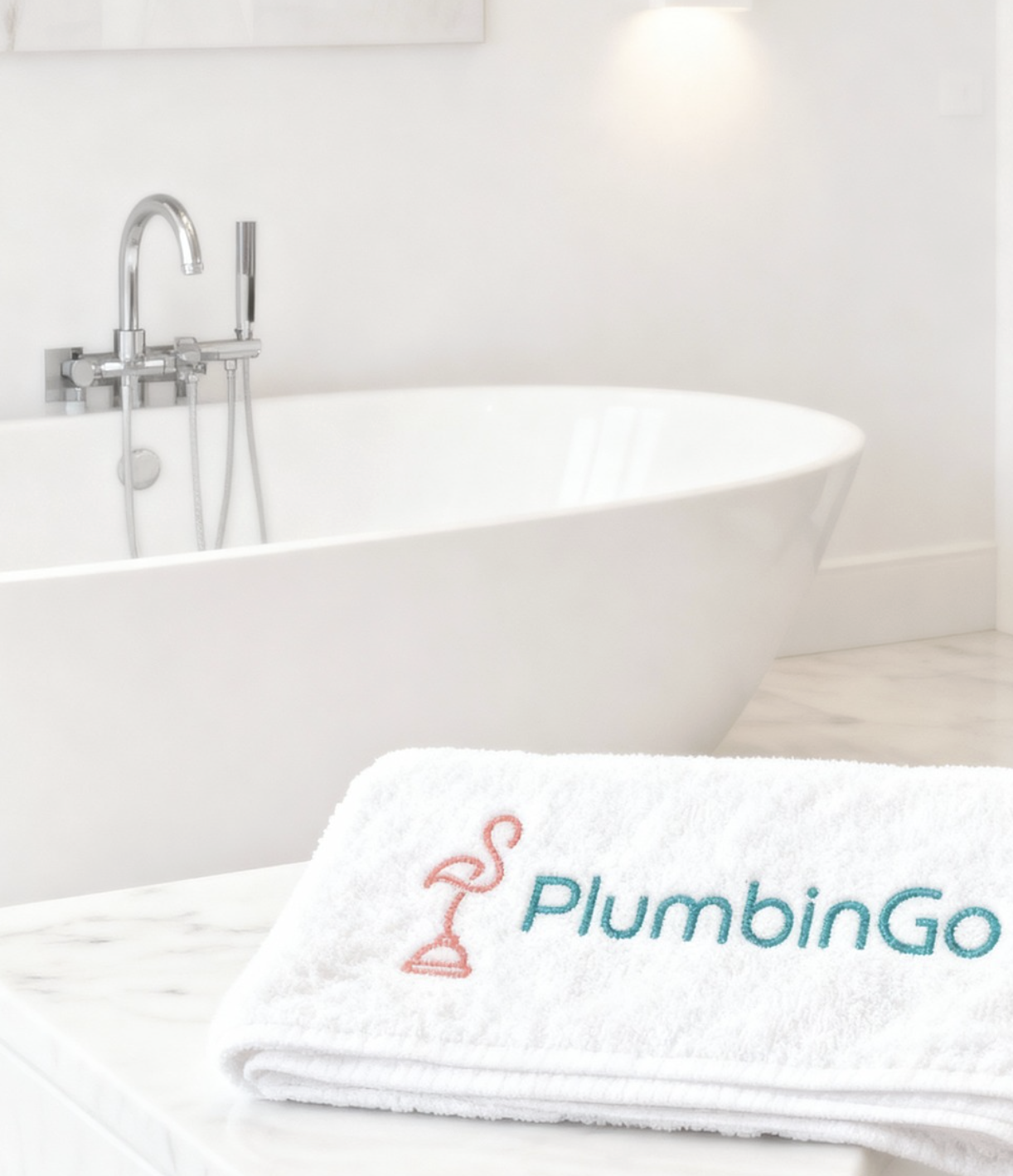 A white towel with the PlumbiGo logo and a flamingo icon on a marble countertop in front of a freestanding bathtub in a bright, modern bathroom.