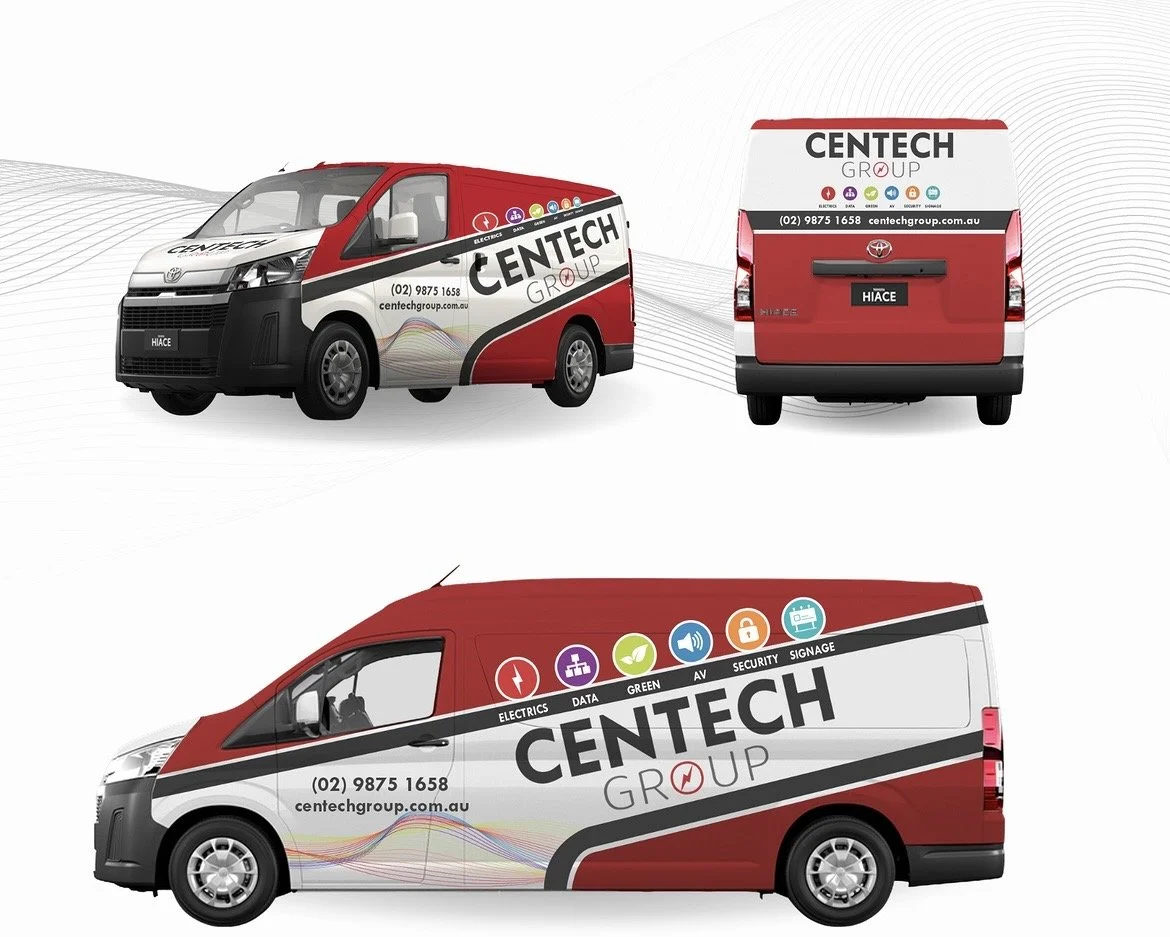 Red and white branded delivery van for Centech Group with logos for electric, data, green, AI, security, and signage, showcasing different angles of the vehicle.