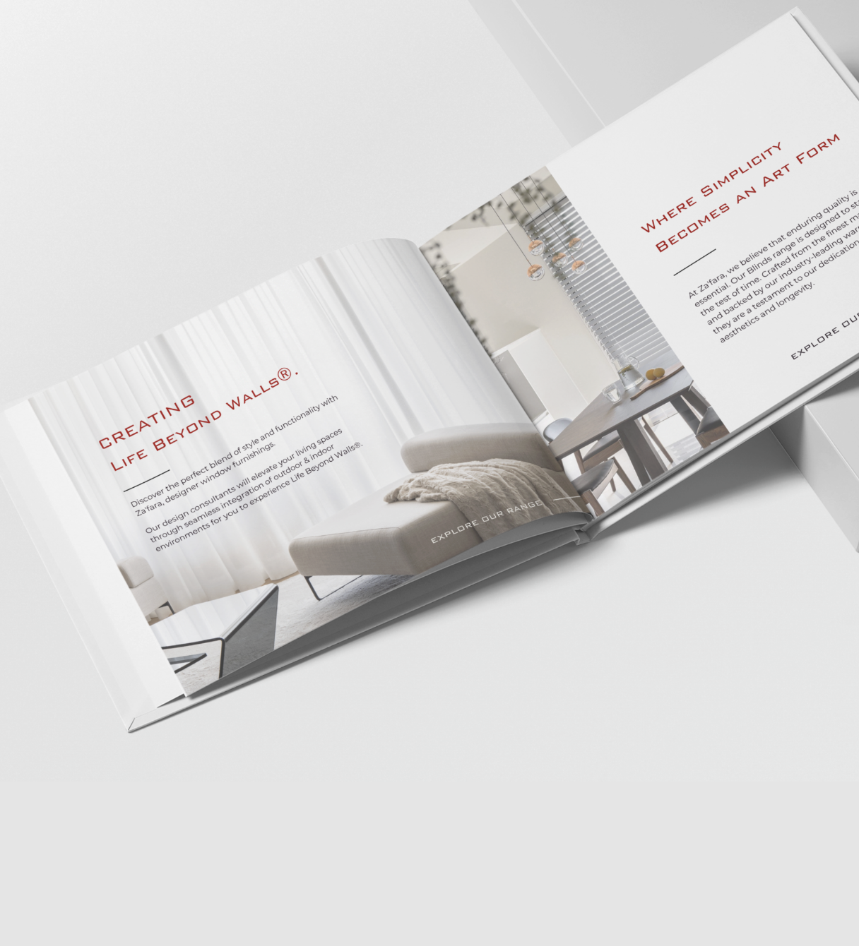 Open brochure featuring modern interior design with a white sofa, sheer curtains, and a wooden table with decorative items.