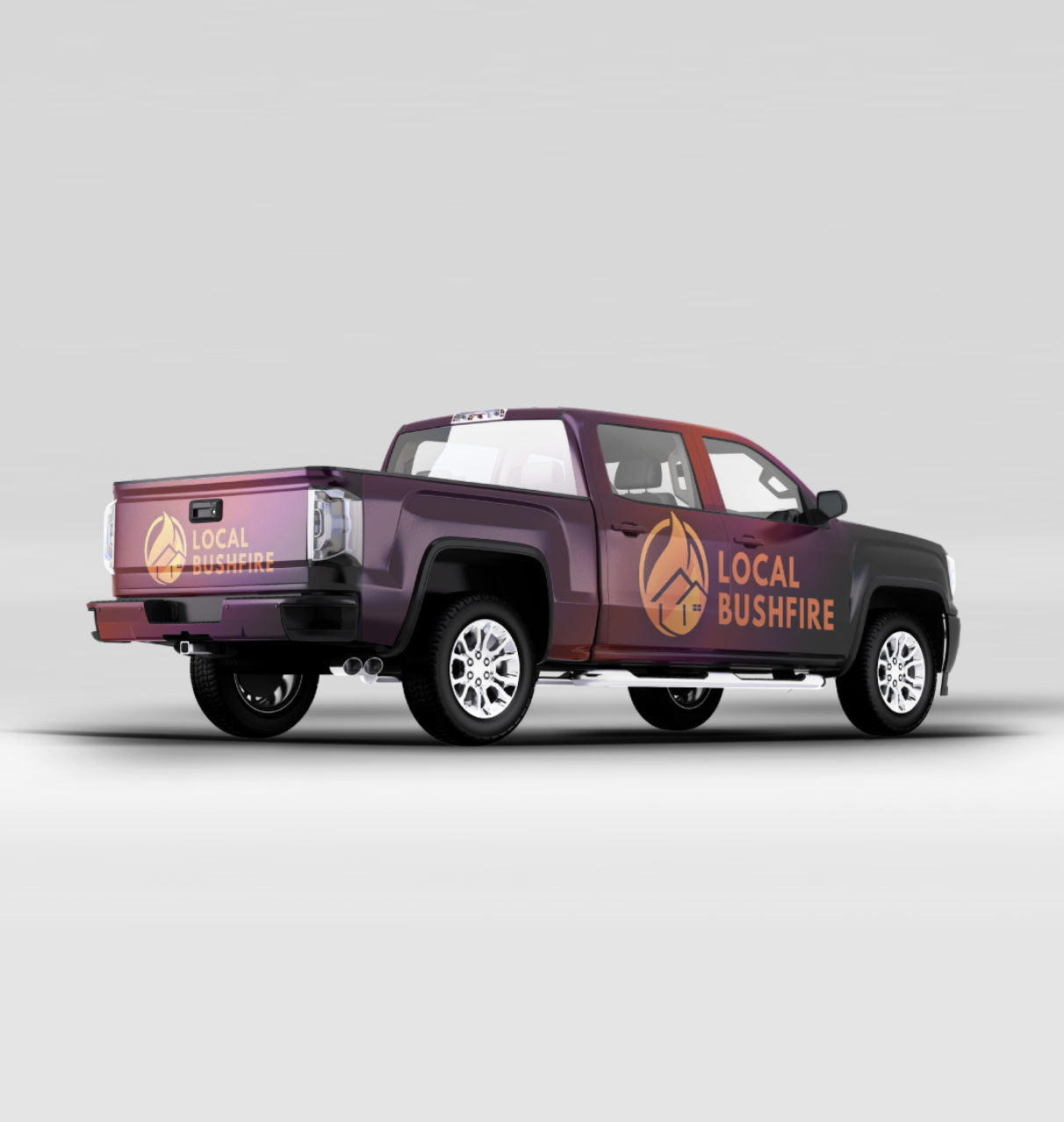 A pickup truck with a purple and black gradient paint job and an orange logo and text reading 'Local Bushfire', parked on a light grey background.